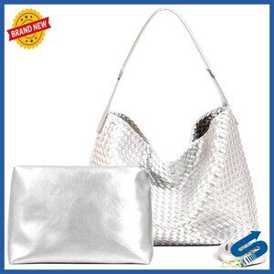 Vegan Leather Woven Tote with Clutch, Adjustable Strap, Multi-Use Shoulder Bag